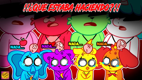 angry anthro blue_body female group horn male orange_body purple_body scared text yellow_body rocketlennon mob_entertainment mythology poppy_playtime smiling_critters bobby_bearhug bubba_bubbaphant catnap_(poppy_playtime) craftycorn dogday_(poppy_playtime) hoppy_hopscotch kickinchicken pickypiggy avian bear bird canid canine canis chicken domestic_cat domestic_dog domestic_pig elephant elephantid equid equine felid feline felis galliform lagomorph leporid mammal mythological_creature mythological_equine phasianid proboscidean rabbit suid suine sus_(pig) unicorn hi_res spanish_text