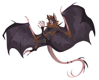 anthro black_sclera brown_body brown_fur brown_hair fangs fur grey_body grey_fur hair male nude open_mouth pink_body pink_nose pink_tail pink_tongue red_eyes simple_background solo tail teeth tongue tongue_out unsigned white_background corzh77 bat mammal absurd_res full-length_portrait hi_res portrait