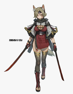 accessory belt blonde_hair boots bracelet breasts clothing female fishnet_clothing footwear hair headband jewelry legwear melee_weapon shoes simple_background solo studded_bracelet studded_jewelry studs sword tan_hair text thigh_highs weapon white_background white_body white_skin youzu_(youzuyozu) animal_humanoid humanoid 2020 digital_media_(artwork)