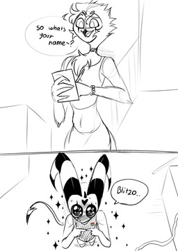 2_panel_comic blush bracelet clothing duo flag_pin horn jewelry lgbt_pride male midriff pansexual_pride_colors pointed_tail pride_color_flag pride_colors shirt size_difference sparkles sparkling_eyes speech_bubble striped_horn stripes tail tank_top text topwear ebit.bbq hellaverse helluva_boss blitzo_(helluva_boss) stolas_(helluva_boss) avian bird demon imp owl black_and_white english_text hi_res monochrome