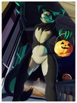 anthro big_claws black_body black_fur claws featureless_crotch female fur green_eyes halo holidays low-angle_view multicolored_body neck_tuft smile smirk solo trick-or-treating tuft white_body white_fur skipsy halloween ros_glas_(woodside) wickerbeast 2024 3:4 hi_res