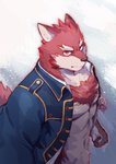 anthro body_hair chest_hair chest_tuft clothed clothing fur jacket male open_clothing open_jacket open_shirt open_topwear red_body red_fur shirt solo teacher topwear tuft youhei79384157 knights_college diederich_olsen canid canine mammal hi_res