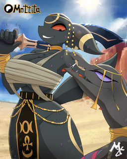 5_fingers ankh anthro big_breasts black_body black_fur bracelet breasts clothing day desert duo egyptian egyptian_clothing female female/female fingers fur gold_(metal) gold_jewelry hand_behind_back holding_object jewelry open_mouth outside purple_sclera sand smile sun mottitax nintendo pokemon eeveelution generation_2_pokemon generation_7_pokemon pokemon_(species) salazzle umbreon 2026 4:5 absurd_res digital_media_(artwork) hi_res