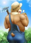 anthro belly brown_body brown_fur butt clothed clothing eyewear farmer food fur furgonomics glasses hat headgear headwear hoe male outside overalls rear_view sandwich_(food) solo standing straw_hat tail tail_clothing tools towel orangetaming lifewonders tokyo_afterschool_summoners volos_(tas) bear mammal 2017 hi_res portrait three-quarter_portrait