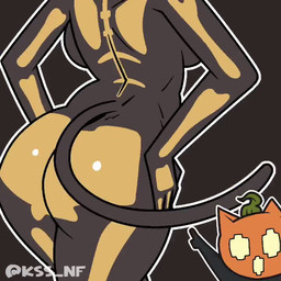 anthro big_breasts big_butt breasts butt female food for_a_head fruit gesture grey_background grey_body hand_gesture hands_on_hips jack-o'-lantern plant pointing pumpkin rear_view shaking_butt simple_background skeleton_bodypaint solo thick_thighs wide_hips wiggling_butt kss_nf epic_games fortnite spice_(fortnite) domestic_cat felid feline felis mammal object_head 1:1 animated no_sound short_playtime video