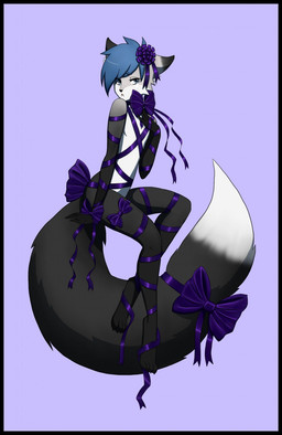 accessory anthro big_tail blue_body blue_eyes blue_fur blue_hair bound bow_(feature) bow_accessory bow_ribbon bow_tie countershading digitigrade facial_piercing femboy fluffy fluffy_tail fur furgonomics gift gift_wrapped grey_body grey_fur hair hand_on_chest lip_piercing looking_at_viewer male multicolored_body multicolored_fur nude piercing purple_background ribbons side_view simple_background snakebite_piercing solo tail tail_accessory tail_bow tail_ribbon white_body white_countershading white_fur rococo cobalt_(foxwerth) canid canine fox mammal 2014 hi_res
