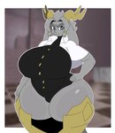 anthro armor big_breasts breasts clothed clothing female fur grey_body grey_fur horn looking_at_viewer overweight purple_eyes solo text thick_thighs vincikkkk vincizinho_(artist) pseudoregalia sybil_(pseudoregalia) bovid caprine goat humanoid hybrid lagomorph leporid mammal rabbit absurd_res artist_name detailed hi_res japanese_text signature