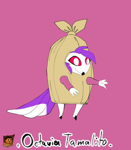 anthro black_text clothing costume female food food_costume hair humor pink_background purple_hair red_eyes silly simple_background smile solo standing tamalito_(food) tamalito_costume text white_face grishnax hellaverse helluva_boss octavia_(helluva_boss) avian avian_demon bird demon owl owl_demon absurd_res hi_res