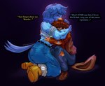 anthro comforting dialogue duo feathers female hug human_on_anthro interspecies male male/female muscular muscular_anthro muscular_female tail tail_feathers text young thedarkzircon undertale_(series) undertale_yellow clover_(undertale_yellow) martlet_(undertale_yellow) avian bird human mammal english_text hi_res