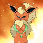 anthro anthrofied big_breasts big_tail bikini breasts clothing female fire fluffy fluffy_tail fur hands_behind_head orange_body orange_fur pokemorph solo swimwear tail thick_thighs two-piece_swimsuit poraka7 nintendo pokemon eeveelution flareon generation_1_pokemon pokemon_(species) 1:1