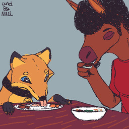 anthro clothed clothing collar dinner dinner_date dinner_table duo eating eating_food feral simple_background qwaxi~lixard lolo_(qwaxi~lixard) or_(qwaxi~lixard) asinus canid canine canis domestic_dog donkey equid equine mammal shiba_inu spitz 1:1 nonbinary_(lore) trans_(lore) trans_woman_(lore)