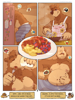 anthro appliance apron beverage black_nose bloated blue_eyes blueberry_(fruit) bodily_fluids breakfast brown_body brown_fur choose_your_own_adventure claws clothed clothing container cooking cookware cup cutlery drinking eating eating_food egg eyes_closed food food_crumbs food_on_face fork fridge fridge_magnet fruit frying_pan fur furniture glass glass_container glass_cup holding_beverage holding_object inside kitchen kitchen_appliance kitchen_utensils male maple_syrup milk milk_on_face nipples open_mouth pajama_pants pajamas plant plate scrambled_eggs solo spatula standing steam strawberry sweat sweatdrop teeth text tools topless topless_anthro topless_male waffle hollonut banjo-kazooie rareware banjo_(banjo-kazooie) bear mammal ursine 2025 3:4 comic digital_drawing_(artwork) digital_media_(artwork) english_text hi_res
