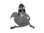 2022 4:3 anthro black_claws black_hair black_nose black_pawpads bodily_fluids breasts canid canine cheek_tuft claws clitcereal countershading digital_media_(artwork) facial_tuft female full-length_portrait fur genital_fluids genitals grey_body grey_countershading grey_fur greyscale hair hi_res hindpaw humanoid_hands licking mammal monochrome nipples nude pawpads paws portrait pussy pussy_juice_on_hand pussy_juice_string self_lick simple_background sitting solo tail tail_tuft tongue tongue_out tuft vaginal_fluids whiskers white_background