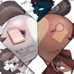 big_butt blue_body bodily_fluids breath brown_body butt clothed clothing cutie_mark dialogue female feral green_eyes grey_body group hair horn interrogation interview long_hair looking_pleasured male open_mouth panting purple_eyes saliva tail talking_feral teeth text tongue trio two_against_one aer0_zer0 hasbro my_little_pony mythology case_closed_(character) fan_character news_flash slashing_prices equid equine horse mammal mythological_creature mythological_equine pony unicorn 1:1 2026 absurd_res english_text hi_res daughter_(lore) mother_(lore) mother_and_child_(lore) mother_and_daughter_(lore) parent_(lore) parent_and_child_(lore) parent_and_daughter_(lore)