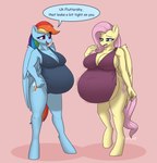 5_fingers absurd_res anthro anthrofied belly big_belly big_breasts blue_body blue_feathers breasts bumpywish cleavage clothed clothing collarbone cutie_mark dialogue duo embarrassed english_text equid equine eyelashes feathered_wings feathers female fingers fluttershy_(mlp) friendship_is_magic hair hasbro hi_res hyper hyper_pregnancy mammal multicolored_hair my_little_pony mythological_creature mythological_equine mythology open_mouth open_smile pegasus pink_hair pink_tail pregnant pregnant_female rainbow_dash_(mlp) rainbow_hair smile standing swimwear tail text wings yellow_body yellow_feathers