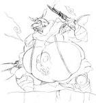 anthro armor axe belly belly_tattoo big_belly bottomwear clothing cloud fangs gun headgear helmet holding_axe holding_gun holding_object holding_ranged_weapon holding_weapon knee_pads loincloth male musclegut muscular muscular_arms obese obese_anthro obese_male overweight overweight_anthro overweight_male pose ranged_weapon shoulder_plates skull_tattoo smile smoke solo standing suspenders tattoo teeth weapon reagan700 sword_art_online illfang_the_kobold_lord kobold 2018 hi_res monochrome sketch