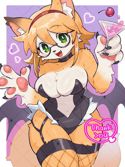 4_fingers anthro bat_costume beverage big_breasts breasts cherry cleavage clothed clothing cocktail_glass container cup drinking_glass eyewear female fingers food fruit fur glass glass_container glass_cup glasses green_eyes hair holding_glass holding_object kemono membrane_(anatomy) membranous_wings open_mouth open_smile orange_body orange_fur orange_hair pawpads paws plant purple_background simple_background small_waist smile solo thank_you thick_thighs wide_hips wings ananna0031 furmi_(shisuipan) bat canid canine fox hybrid mammal 3:4 hi_res