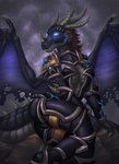 anthro armor aspect black_body black_scales breasts countershading female glowing glowing_eyes grey_body grey_countershading horn membrane_(anatomy) membranous_wings murozond non-mammal_breasts scales solo tail wings conditional_dnp inert-ren blizzard_entertainment mythology warcraft dragon lizard mythological_creature mythological_scalie reptile scalie hi_res