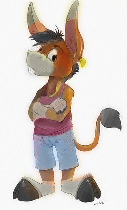 anthro arm_tuft biped black_hair black_hooves black_tail black_tail_tuft brown_body brown_ears brown_eyebrows brown_eyes brown_fur brown_inner_ear brown_inner_ear_fluff brown_tail chibi crossed_arms dipstick_ears ear_markings ear_piercing ear_tag elbow_tuft eyebrows front_view fur glistening glistening_eyes gloves_(marking) grey_body grey_ears grey_fur grey_inner_ear hair hooves inner_ear_fluff male markings multicolored_ears piercing short_hair shoulder_tuft solo standing tail tail_tuft teeth tuft oselotti asinus donkey equid equine mammal hi_res signature