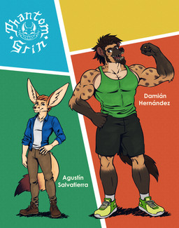 anthro casual_clothing colorful_background digit_ring duo flexing front_view happy jewelry male male/male married_couple muscular muscular_anthro muscular_male ring size_difference slim_male smaller_male smile smiling_at_another smiling_at_partner standing tail wedding_ring phantomgrin agustin_salvatierra_(phantomgrin) damian_hernandez_(phantomgrin) canid canine fennec_fox fox hyena mammal true_fox absurd_res hi_res