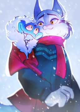 anthro blue_body blue_scales clothed clothing duo ear_tuft fangs feral fur green_clothing green_sweater green_topwear grey_body grey_fur holidays male male/male red_scarf scales scarf smile snow snowing sweater tail teeth topwear tuft yellow_eyes g1evut_(artist) christmas disney zootopia gary_de'snake pawbert_lynxley felid feline lynx mammal pit_viper reptile scalie snake viper 2025 digital_media_(artwork) hi_res