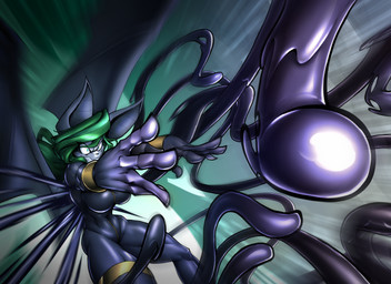 anthro big_breasts black_bodysuit black_clothing black_latex black_skinsuit blue_eyes bodysuit breasts clothed clothed_anthro clothed_female clothing evil_face female green_hair grey_body hair latex latex_bodysuit latex_clothing latex_manipulation latex_skinsuit latex_tentacles liquid_latex membrane_(anatomy) membranous_wings skinsuit solo tight_clothing wings toughset shotty_the_fruit_bat bat mammal megabat hi_res