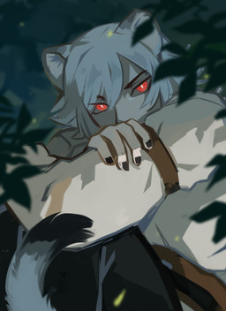 ambiguous_gender ambiguous_humanoid black_fingernails black_nails blurred_background blurred_foreground clothed clothing colored_nails fingernails hair leaf looking_at_viewer nails pale_skin pupils red_eyes slit_pupils solo topwear white_clothing white_ears white_hair white_inner_ear white_topwear corzh77 humanoid absurd_res hi_res