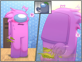 accessory ahoge blush blush_lines bodily_fluids butt butt_grab desperation embarrassed fart fart_cloud fart_fetish female green_fart_cloud hair hand_on_butt humiliation inside nervous nervous_look nervous_sweat not_furry onomatopoeia pink_body pink_hair reaction_shot solo sound_effects standing sweat text moonietrules among_us innersloth impostor_(among_us) lavender(moonietrules) smoky(moonietrules) humanoid hi_res