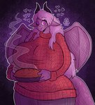 anthro big_breasts breasts clothing dessert female food heart_symbol huge_breasts membrane_(anatomy) membranous_wings one_eye_closed pastry pie solo sweater tail text topwear wings wink shyghost mythology dragon mythological_creature mythological_scalie scalie absurd_res english_text hi_res