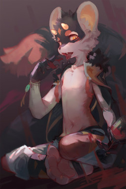 anthro black_body black_fur black_nose brown_body brown_fur cheek_tuft chest_tuft clothed clothing container cup drinking_glass facial_tuft fangs fur glass glass_container glass_cup glistening glistening_eyes head_tuft holding_container holding_cup holding_drinking_glass holding_object holding_wine_glass horn looking_at_viewer male multicolored_body multicolored_eyes multicolored_fur navel nipples open_mouth orange_eyes pawpads pink_pawpads red_tongue sitting solo teeth tongue tuft two_tone_eyes unsigned white_body white_fur wine_glass yellow_eyes yellow_horn young carbonizedaki mammal species_request 2:3 full-length_portrait hi_res portrait