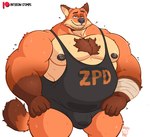 anthro arm_wraps bedroom_eyes belly biceps big_belly big_muscles big_pecs bodily_fluids body_hair bottomwear bulge chest_hair clothed clothing eyebrows fur happy looking_at_viewer male multicolored_body multicolored_fur musclegut muscular muscular_anthro muscular_male narrowed_eyes nipples obese obese_anthro obese_male orange_arms orange_body orange_fur orange_legs overweight overweight_anthro overweight_male pecs pose seductive shorts simple_background smile solo standing sweat text text_on_clothing topwear tuft white_background wraps wrestling_singlet stompsyeen disney patreon zootopia nick_wilde canid canine fox mammal red_fox true_fox 2023 hi_res portrait three-quarter_portrait url