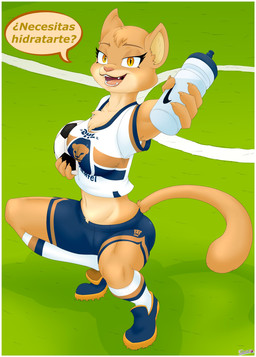4_fingers anthro athletic ball bent_legs beverage black_lips bodily_fluids bottomwear breasts butt chest_tuft claws cleats clothed clothed_anthro clothed_female clothing countershade_torso countershading extended_arm eyebrows eyelashes eyeliner fangs female fingers footwear fur grass hair holding_object kneeling lips lipstick long_tail looking_at_viewer makeup mascot muscular muscular_female navel open_mouth plant saliva shirt shoes short_hair shorts slim smile smiling_at_viewer soccer_ball soccer_field soccer_jersey soccer_uniform solo sportswear spread_legs spreading tail talking_to_viewer tan_body tan_fur teeth text topwear tuft uniform water white_body white_countershading lolpuny87 club_universidad_nacional dhl liga_mx nike goya_(pumas_unam) cougar felid feline mammal absurd_res colored hi_res shaded spanish_text translated
