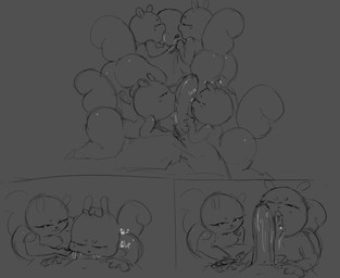 anthro big_butt big_penis bodily_fluids butt clothing eyes_closed female genitals group half-closed_eyes kissing licking male male/female narrowed_eyes oral penis saliva saliva_string smile text tongue mamasoyanini humanoid mammal rodent sciurid tree_squirrel comic hi_res