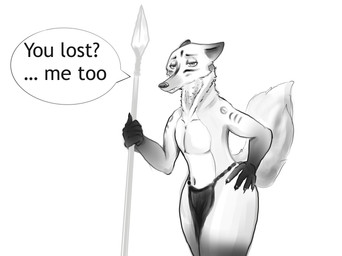 anthro bottomwear clothing dark_arms dialogue ears_back fluffy fluffy_tail hand_on_hip loincloth looking_at_viewer male markings melee_weapon pivoted_ears polearm simple_background solo spear tail text weapon white_background wide_hips psycheapple canid canine fox mammal english_text greyscale hi_res monochrome