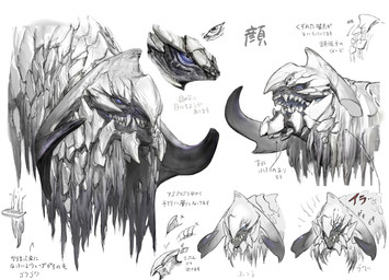 ambiguous_gender black_eyes blue_sclera bovid_horn broken_horn caprine_horn expressions feral fur grey_body grey_fur horn ram_horn scales sharp_teeth solo teeth text white_body unknown_artist capcom monster_hunter arkveld flying_wyvern concept_art hi_res japanese_text official_art translation_request