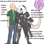 5_fingers accessory anthro bald bottomwear bulge clothed clothing cosplay crossdressing denim denim_bottomwear denim_clothing dialogue dress duo feathered_tail feathers fingers hair_accessory hairband jacket jeans legwear light-skinned_male light_body light_skin long_tail male open_mouth open_smile pants purple_body purple_feathers scales simple_background smile snout tail tail_tuft tan_body tan_scales text thigh_highs topwear tuft white_background wig arsenic_iii cavemanon_studios goodbye_volcano_high nier_automata platinumgames snoot_game anon_(snoot_game) sage_(gvh) yorha_2b dinosaur dromaeosaurid feathered_dinosaur feathered_scalie human mammal microraptor prehistoric_species reptile scalie theropod 1:1 2023 digital_drawing_(artwork) digital_media_(artwork) english_text