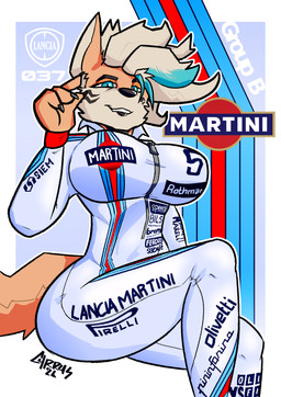 anthro big_breasts black_claws black_nose blonde_hair blue_eyes breasts claws facial_markings female fur hair head_markings highlights_(coloring) lipstick machine makeup markings orange_body orange_fur racing_suit simple_background sitting smile smiling_at_viewer solo zipper carrus bilstein brembo fiat lancia martini_bianco pirelli rothmans_racing alexis_(st-004) android canid canine fox mammal robot absurd_res hi_res