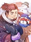 anthro beanie beard carrying_another clothing coat duo facial_hair fur hat headgear headwear male red_body red_fur scarf sleeping topwear winter young young_anthro young_male kemokemumaki lifewonders tokyo_afterschool_summoners boogeyman_(tas) zhurong_(tas) ailurid human mammal red_panda