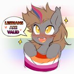 brown_hair fangs female feral fur grey_body grey_fur hair lgbt_pride pride_color_flag solo teeth yellow_eyes anonymous_artist hasbro my_little_pony devin_(thegreybatpone) bat_pony equid mammal 1:1