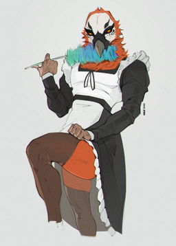 anthro beak biped claws clothed clothed_anthro clothed_male clothing crossdressing feathers fingers front_view looking_at_viewer male simple_background solo standing hale. avian bird 2026 digital_drawing_(artwork) digital_media_(artwork) hi_res