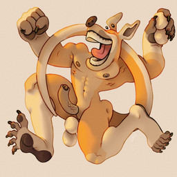 abs anthro balls brown_nipples brown_nose brown_pawpads caricature claws feet fur genitals humanoid_feet long_tail male mischievous modular modular_anatomy muscular muscular_male nipples pawpads pecs pink_tongue plantigrade running silly_face simple_background smile solo tail tongue yellow_body yellow_fur ravuer kangaroo macropod mammal marsupial 1:1 hi_res