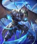 anthro armor breastplate cloud furgonomics green_body green_scales horn membrane_(anatomy) membranous_wings scales shoulder_guards sky solo tail tail_armor wings kazashino cygames mythology shadowverse dragon mythological_creature mythological_scalie scalie 5:6 hi_res official_art