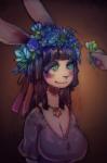 accessory anthro blue_eyes blush breasts disembodied_hand duo female flower hair hair_accessory jewelry makeup mascara necklace plant simple_background smile solo_focus pwcsponson eliza_(pwcsponson) lagomorph leporid mammal rabbit colored_sketch hi_res sketch