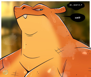 annoyed anthro blurred_background bodily_fluids dialogue glare hashmarks male moobs musk overweight overweight_anthro overweight_male solo speech_bubble suspicious sweat text trashtoonz mythology nintendo pokemon charizard dragon generation_1_pokemon mythological_creature mythological_scalie pokemon_(species) scalie hi_res