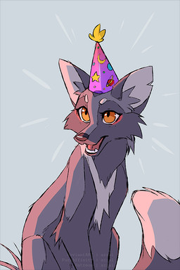 black_nose cheek_tuft clothing dipstick_tail eyelashes facial_tuft fangs female feral fur grey_background grey_body grey_fur grey_markings hat headgear headwear looking_up markings open_mouth orange_eyes party_hat party_hat_only simple_background snout solo tail tail_markings teeth tuft azzai canid canine fox mammal red_fox silver_fox true_fox colored colored_sketch digital_drawing_(artwork) digital_media_(artwork) sketch