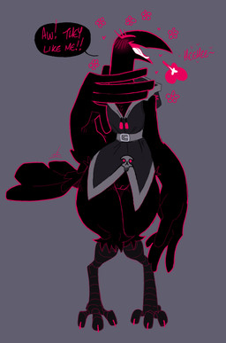 anthro arm_tuft beak belt big_beak big_hands biped black_body black_clothing black_feathers black_robe blush blush_lines bottomless bottomless_female breath chest_tuft clothed clothing dialogue digitigrade eyelashes eyes_closed feathers featureless_chest feet female flower_symbol flustered_female genitals heart_symbol hearts_around_head hip_tuft hood_down hooded_robe huge_hands humanoid_genitalia humanoid_vulva laugh long_eyelashes motion_lines non-mammal_vulva open_mouth outline pink_outline robe shoulder_tuft simple_background skull_accessory slim_female small_waist smile solo speech_bubble tail tail_motion tailwag talons text thick_thighs toes tongue tuft vulva wasp_waist white_tongue wide_hips winged_hands proxicute pepper_(proxicute) avian bird corvid corvus_(genus) crow oscine passerine english_text
