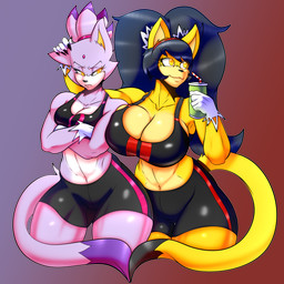 :3 anthro big_breasts black_bottomwear black_clothing black_hair black_nose black_shorts black_tail_tip bottomwear bra breast_envy breasts can cleavage clothed clothing container crossed_arms dipstick_tail drinking_straw duo eyelashes female female_anthro forehead_gem fur gem gloves gradient_background hair handwear holding_can holding_container holding_object huge_breasts long_hair markings medium_breasts navel orange_eyes purple_background purple_body purple_fur purple_tail_tip red_background shorts simple_background smile sports_bra standing tail tail_markings thick_thighs underwear white_clothing white_gloves white_handwear wide_hips yellow_body yellow_eyes yellow_fur randomgloves sega sonic_the_fighters sonic_the_hedgehog_(series) sports_bra_difference_meme blaze_the_cat honey_the_cat domestic_cat felid feline felis mammal 1:1 alpha_channel hi_res
