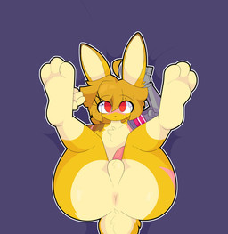 accessory anthro anus balls butt butt_focus cybernetic_arm cybernetic_limb cybernetics erection genitals hair_accessory hairpin legs_up machine male mousepad_design nude penis red_eyes scar solo yellow_body keryel thusthus_(character) hare lagomorph leporid mammal absurd_res hi_res