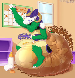 ambiguous_gender anthro big_diaper blush blush_lines bodily_fluids bottle calendar clothed clothing container diaper digitigrade excessive_feces eyes_closed feces fur genital_fluids green_body green_fur hand_on_belly hand_on_wall horn hyper hyper_feces inside machine milk milk_bottle milk_container onomatopoeia peeing pooping protogen_visor purple_body purple_fur rumbling_stomach scatplay sitting sitting_on_diaper soiled_diaper soiling soiling_diaper solo sound_effects tail text unclean_diaper urine used_diaper watersports wearing_diaper wet_diaper wetting wetting_diaper white_visor window weewizzylizzy protogen english_text hi_res trans_(lore) trans_woman_(lore)