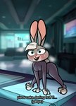 aroused bent_over big_ears blue_eyes bodily_fluids clothing female fur grey_body grey_fur hair mouse_pad open_mouth pink_nose solo suit text white_hair mr_valentine00 disney zootopia fan_character jeany_loaf_(mr_valentine00) lagomorph leporid mammal rabbit absurd_res hi_res